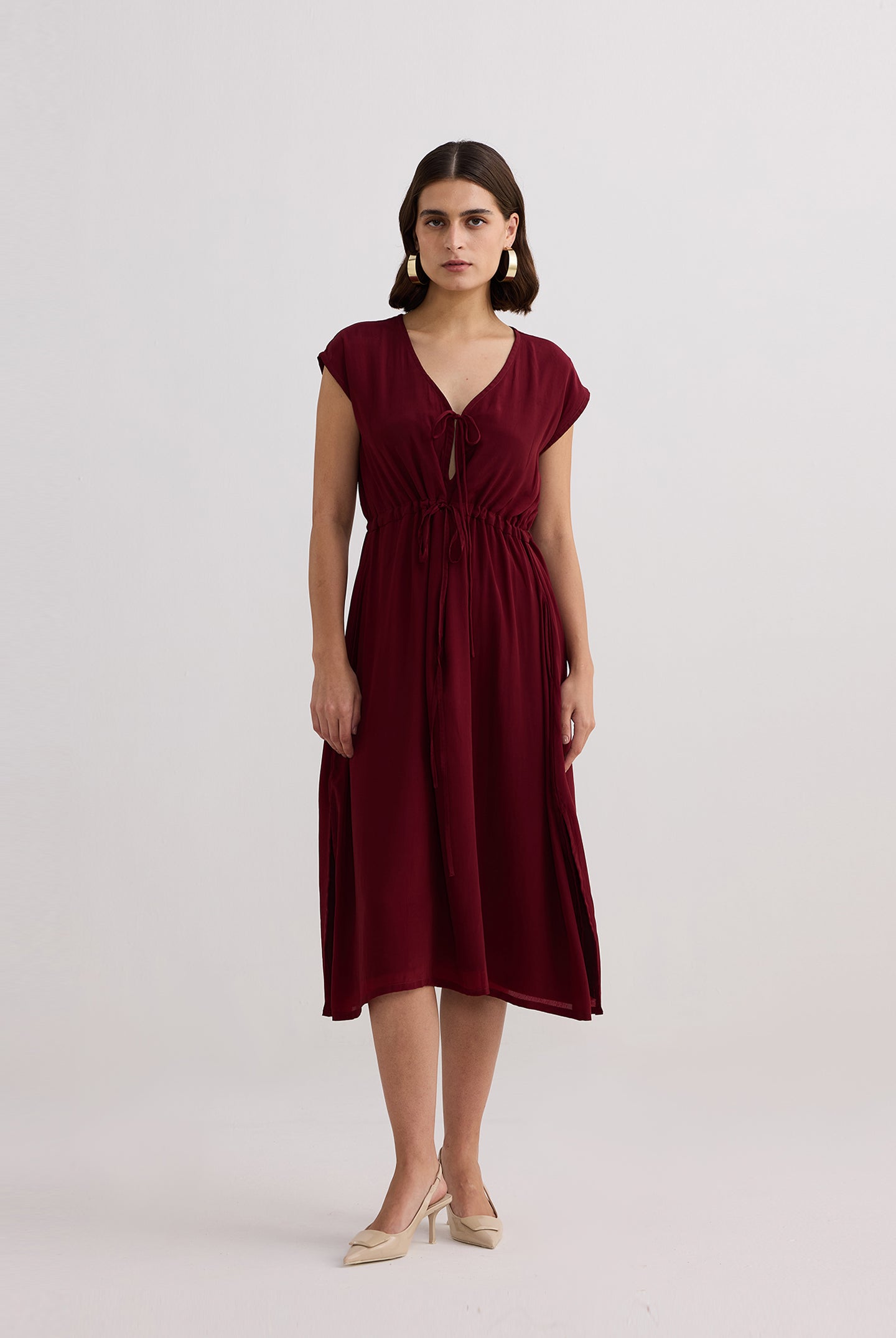 Deep V-neck Gathered Dress in Burgundy Longshot