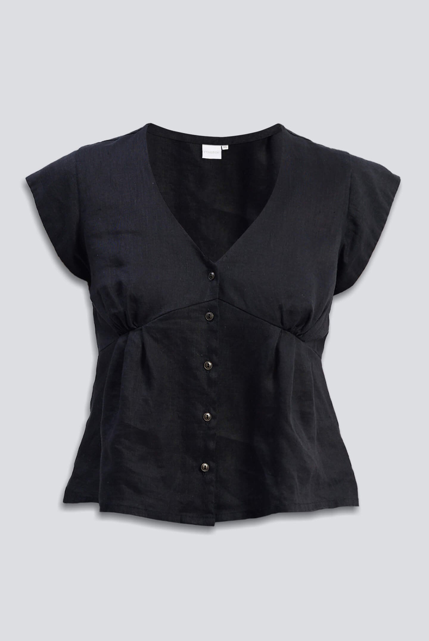 Deep V-neck short top in Black by reistor with cap sleeves, front button detailing, and breathable lightweight linen fabric in a relaxed peplum-style silhouette.
