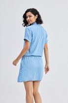 Drawstring Denim Shirt Dress with Front Buttons in Blue Longshot