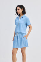 Drawstring Denim Shirt Dress with Front Buttons in Blue Longshot