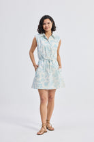 Drawstring Shirt Dress in Blue Florals Longshot