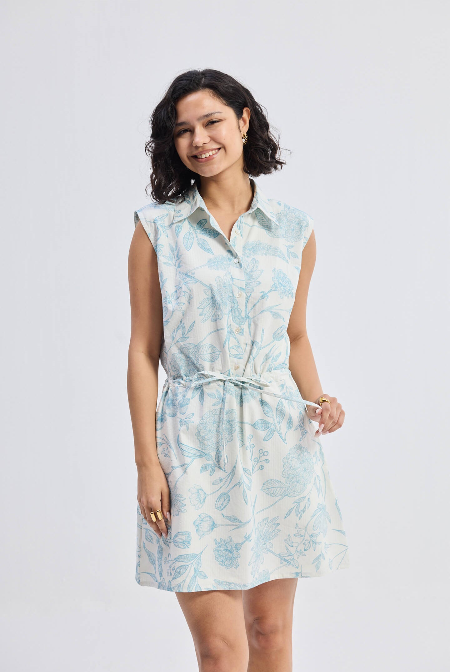 Drawstring Shirt Dress in Blue Florals Longshot