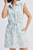 Drawstring Shirt Dress in Blue Florals Closeup
