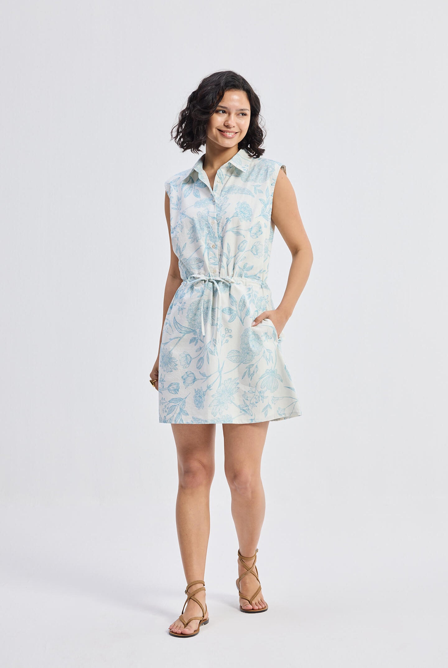 Drawstring Shirt Dress in Blue Florals Longshot