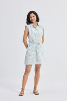 Drawstring Shirt Dress in Blue Florals Longshot