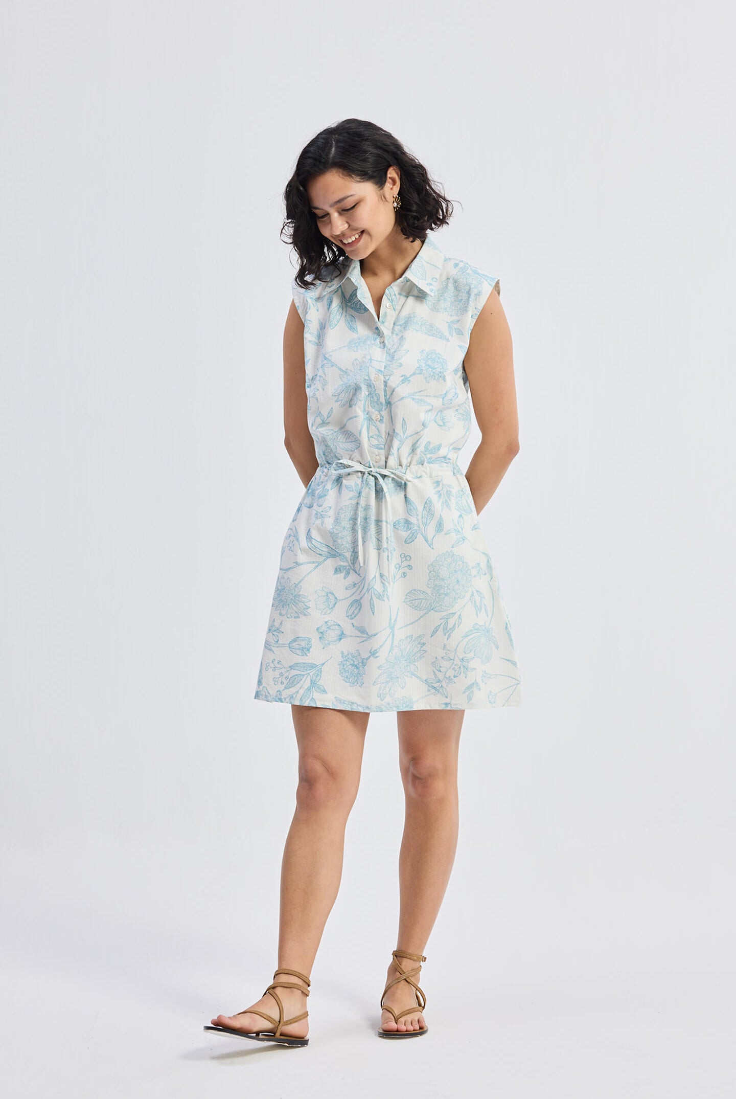 Drawstring Shirt Dress in Blue Florals Longshot