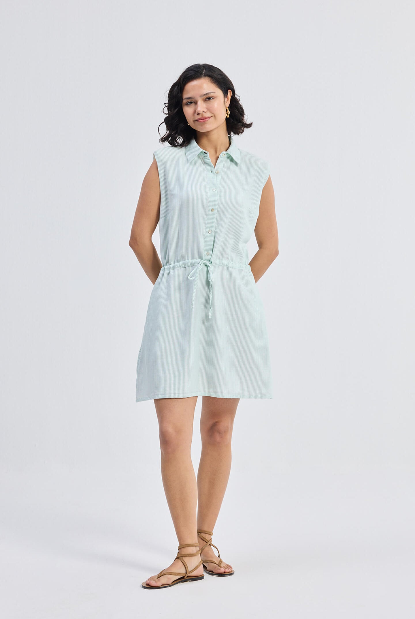 Drawstring Shirt Dress in Stripes Longshot