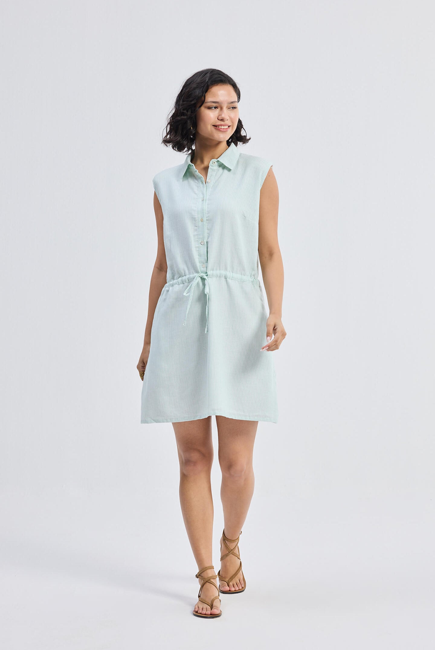 Drawstring Shirt Dress in Stripes Longshot