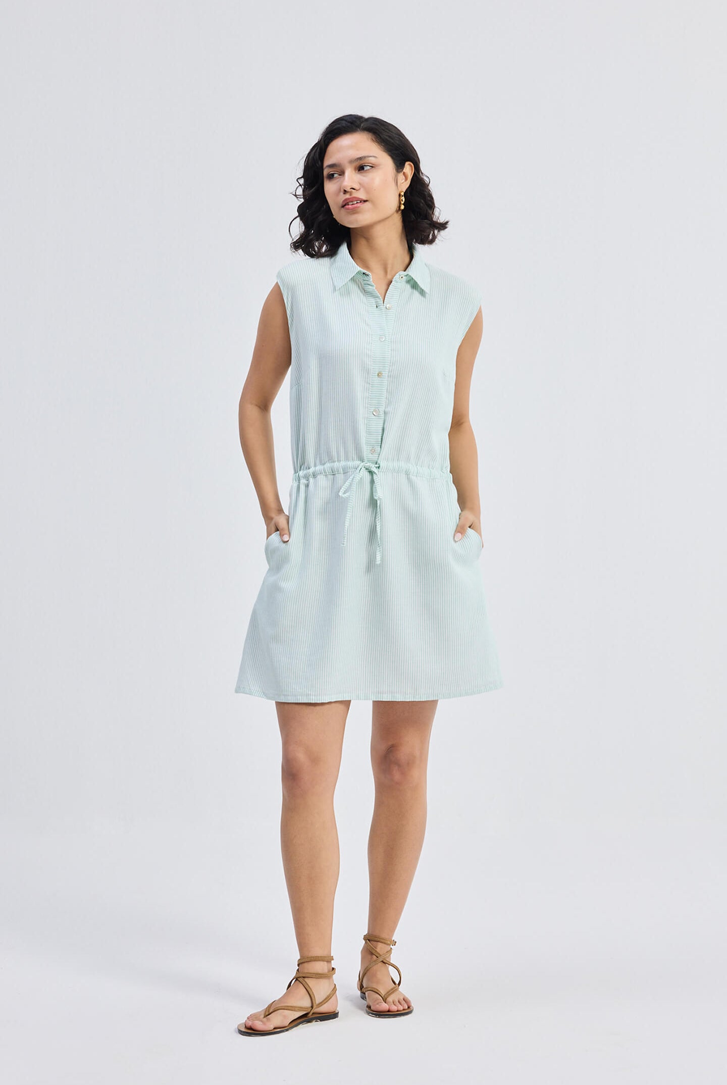 Drawstring Shirt Dress in Stripes Longshot