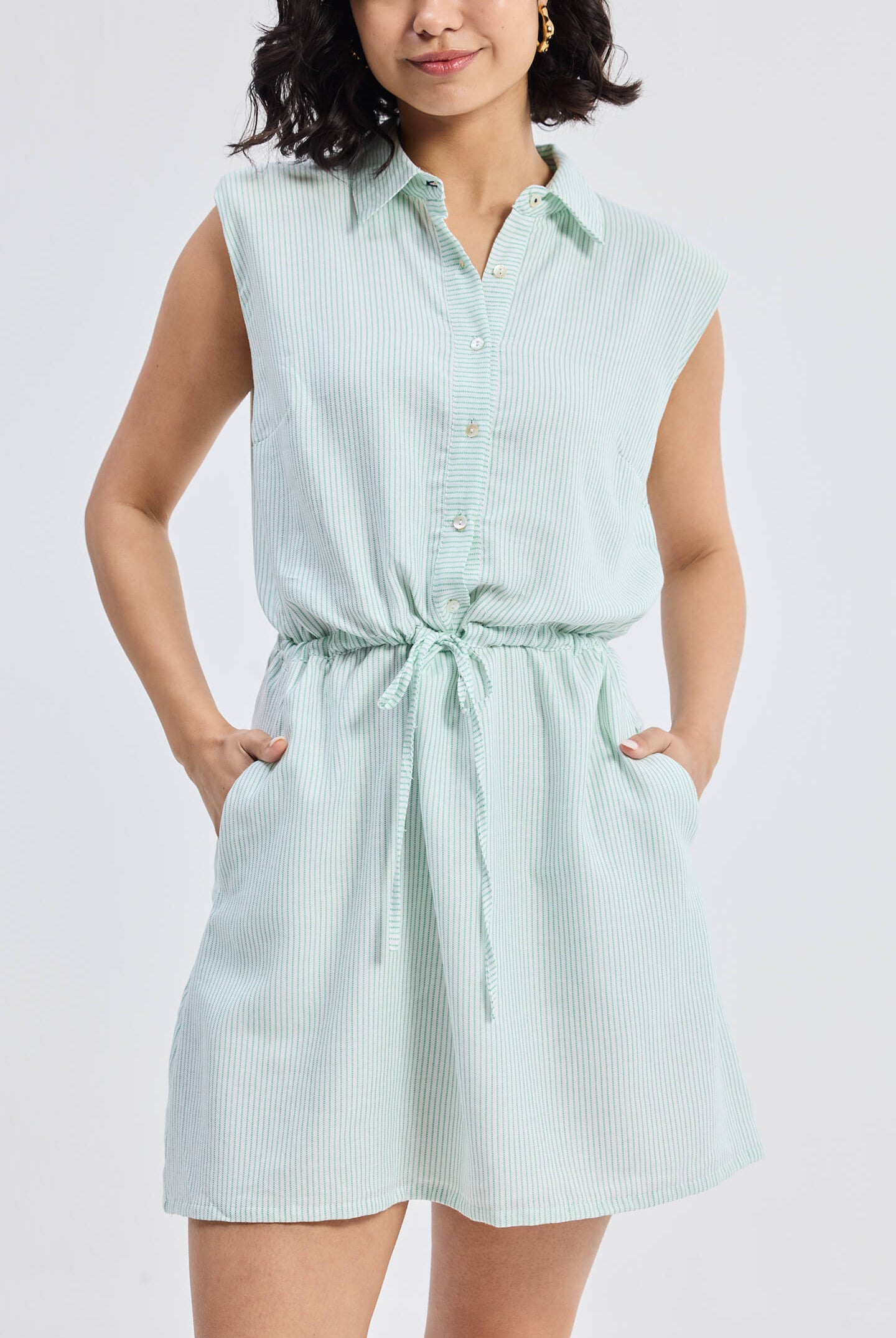 Drawstring Shirt Dress in Stripes Closeup