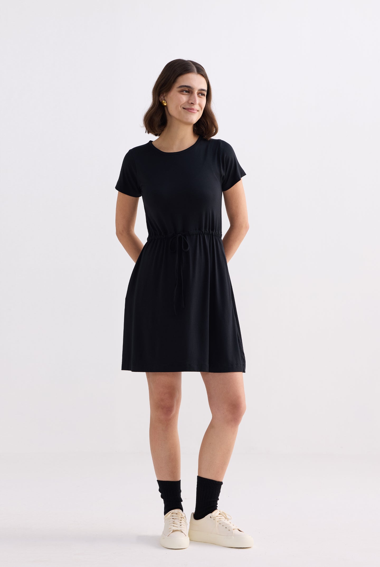 Drawstring Short T-shirt Dress in Black Longshot