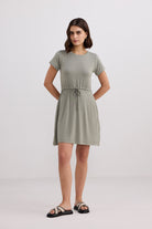 Drawstring Short T-shirt Dress in Light Olive Longshot