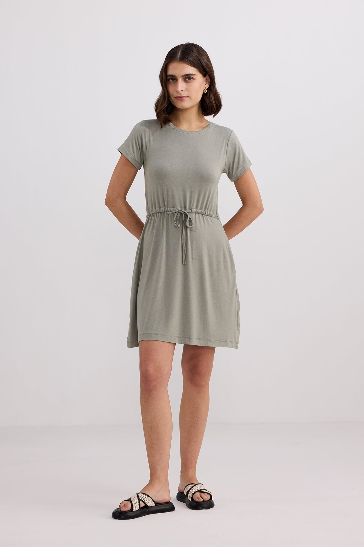 Drawstring Short T-shirt Dress in Light Olive Longshot