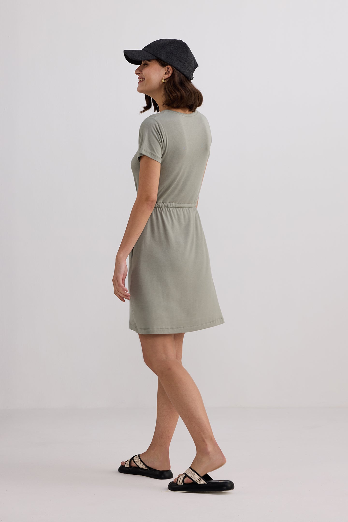 Drawstring Short T-shirt Dress in Light Olive Longshot
