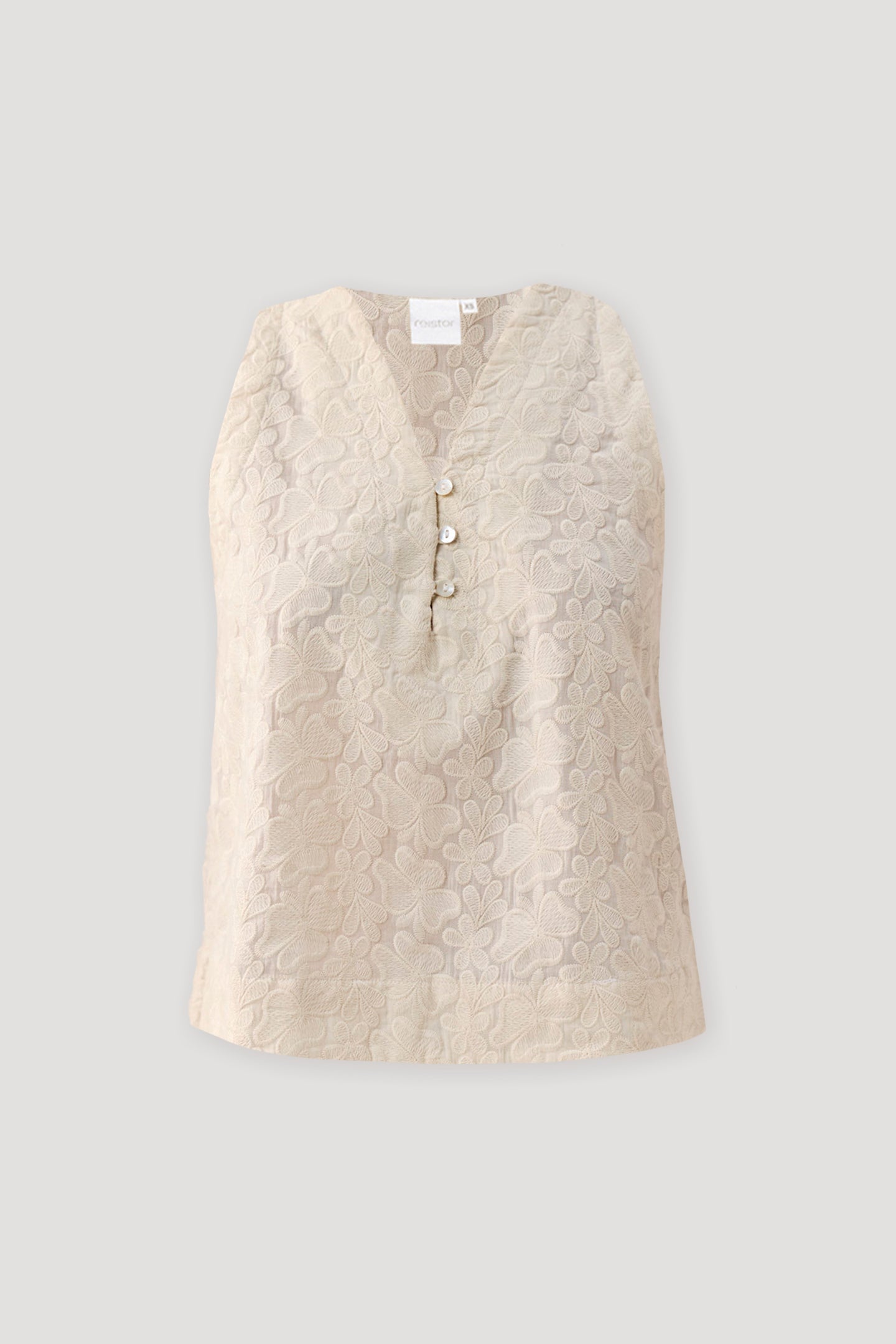 Embroidered Button Front Neck Top in Cream featuring intricate tonal floral embroidery, a sleeveless silhouette, and a V-neckline with pearl-style button-front detailing, displayed on a light background to highlight the textured fabric and elegant design.