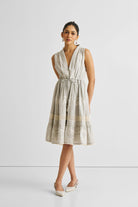 Embroidered Drawstring Gathered Dress in Grey Long Shot