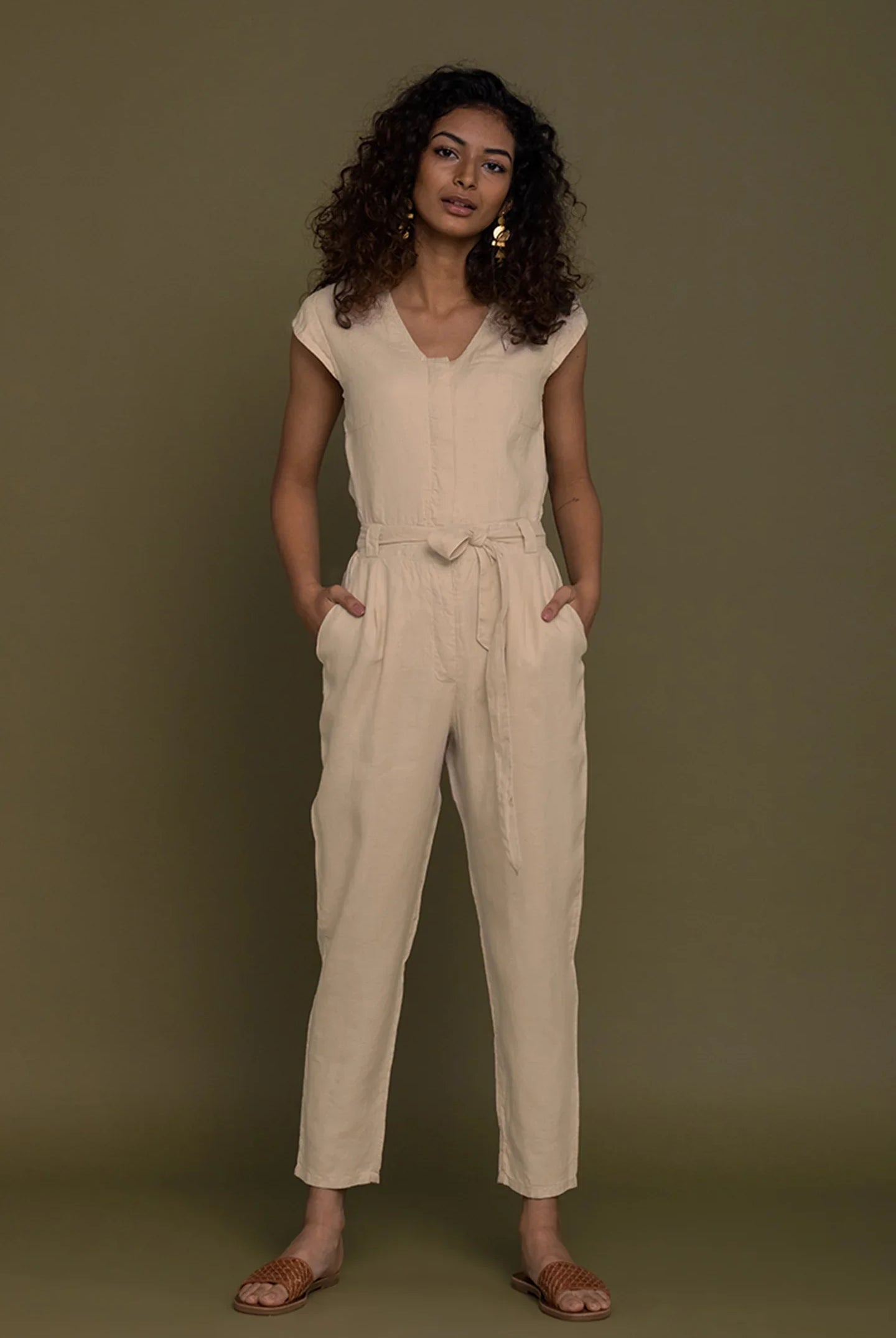 Reistor Evening Chai Jumpsuit in Neutral Beige for women with cap sleeves, tie waist, relaxed fit and pockets