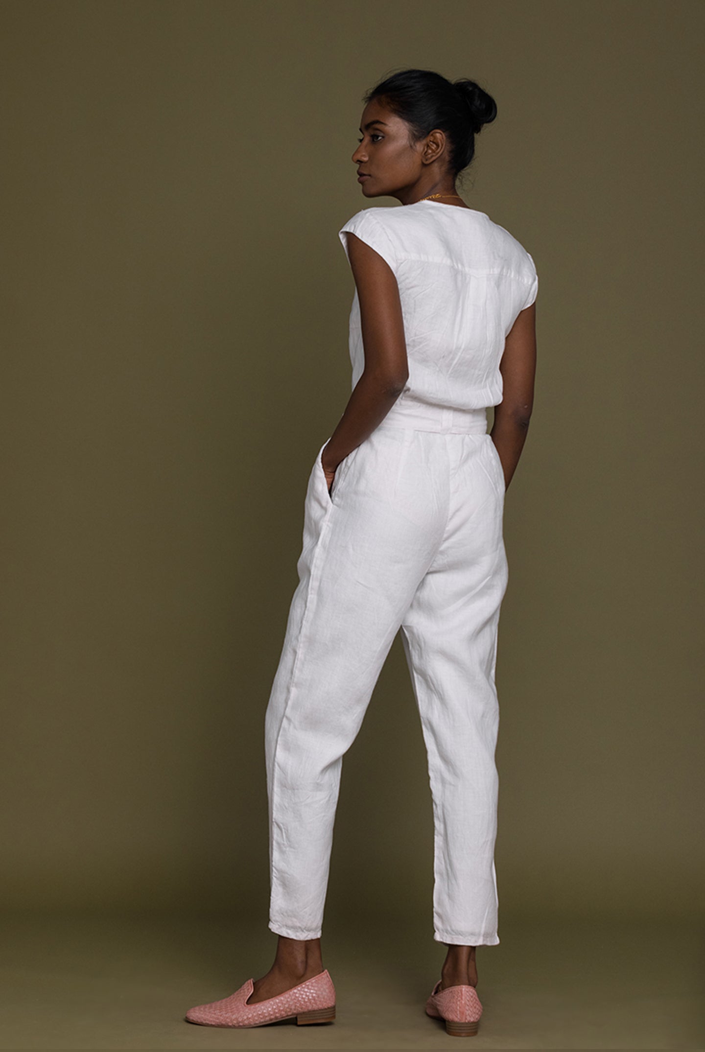 Reistor Evening Chai Jumpsuit in White, sustainable women's one-piece with a minimalist look and modern comfort.