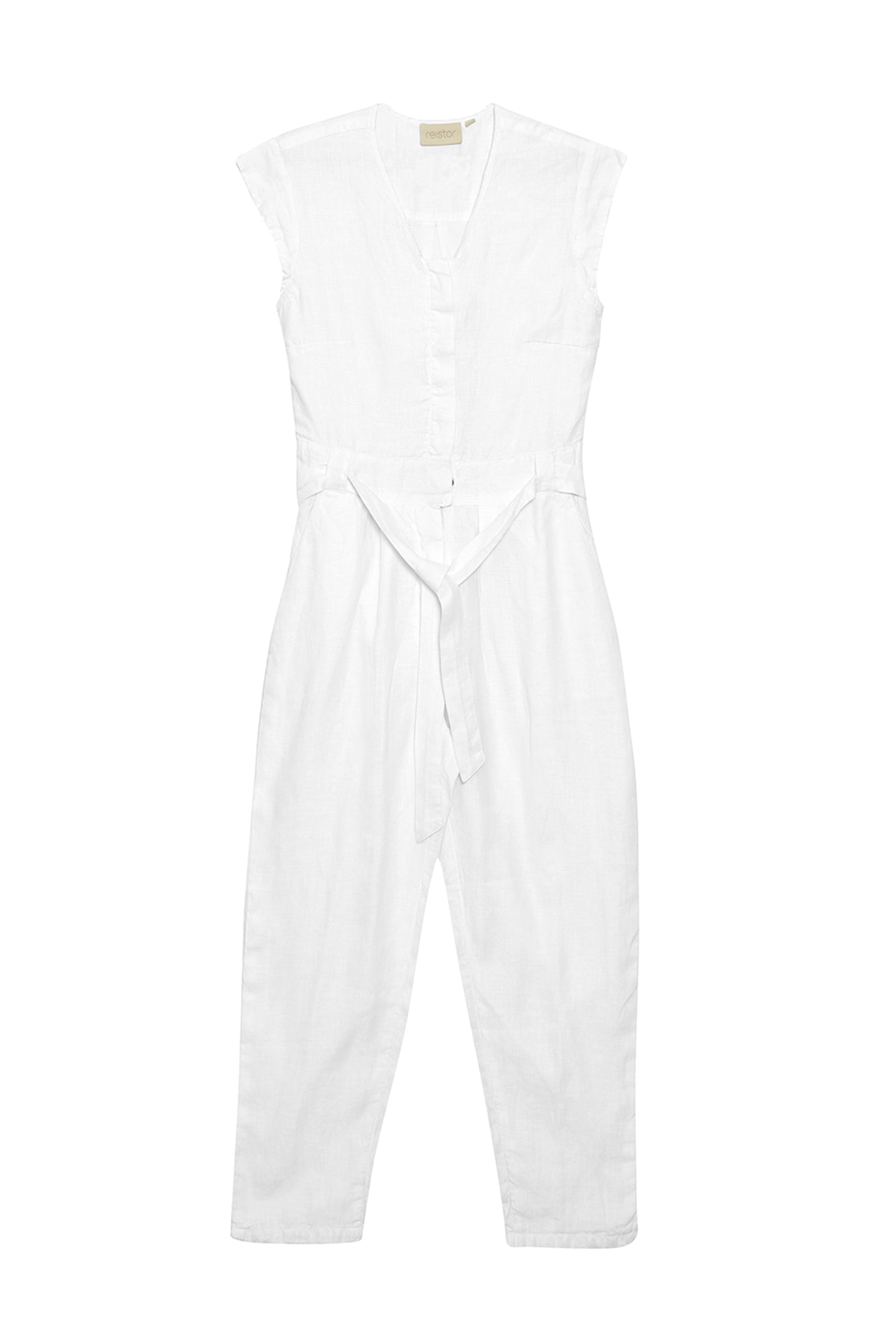 Reistor Evening Chai Jumpsuit in White crafted from breathable linen with a V-neck, tie waist and relaxed silhouette