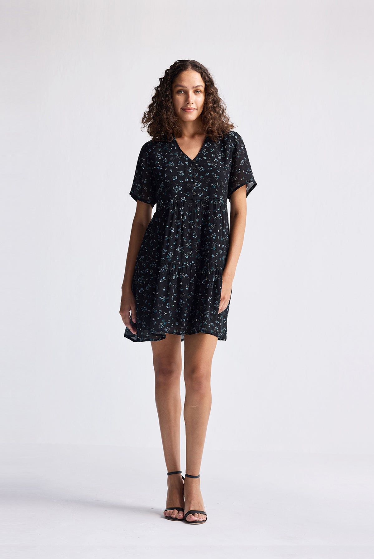 Floral Short Tiered Dress in Dark Blue Long Shot