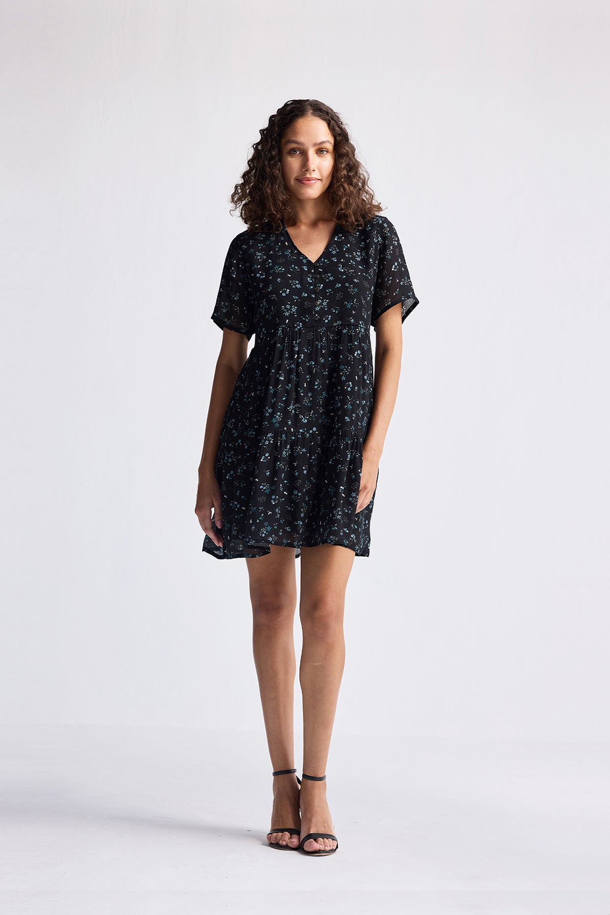 Floral Short Tiered Dress in Dark Blue Long Shot