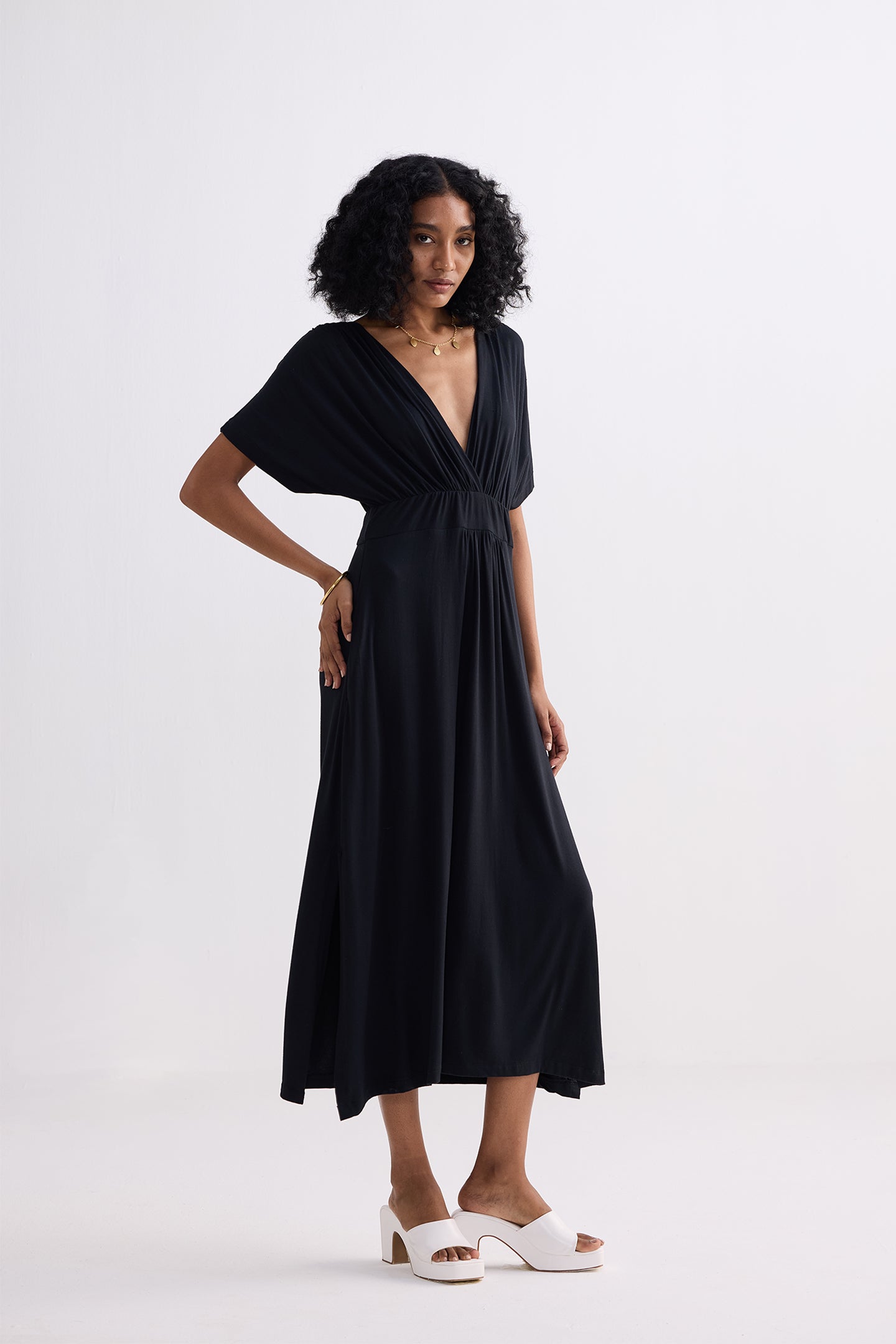 Flowy A-Line Maxi Dress with Side Slits in Black Longshot