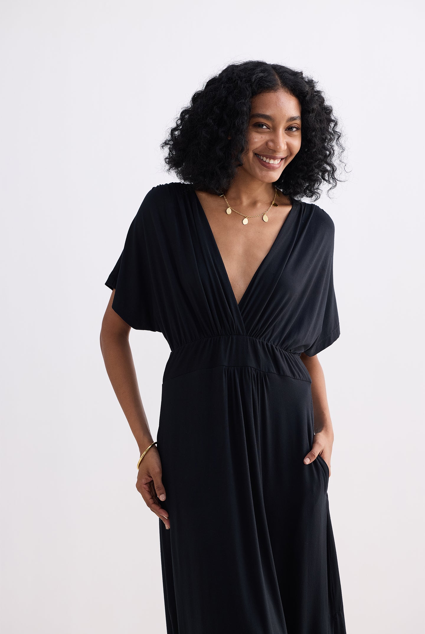 Flowy A-Line Maxi Dress with Side Slits in Black Longshot