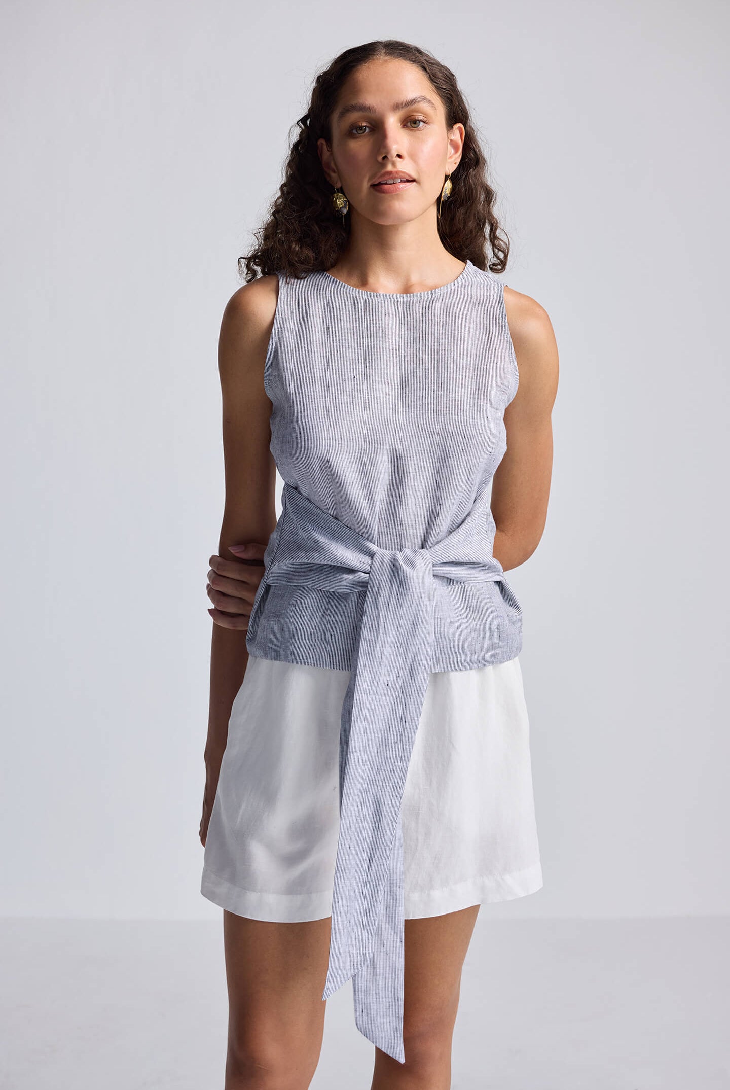 Front-tie Top in Linen Stripes Longshot
