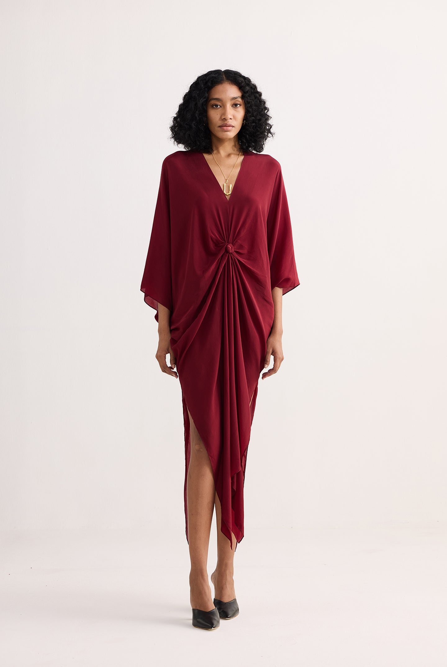 Front Twist Kaftan Dress in Burgundy Longshot