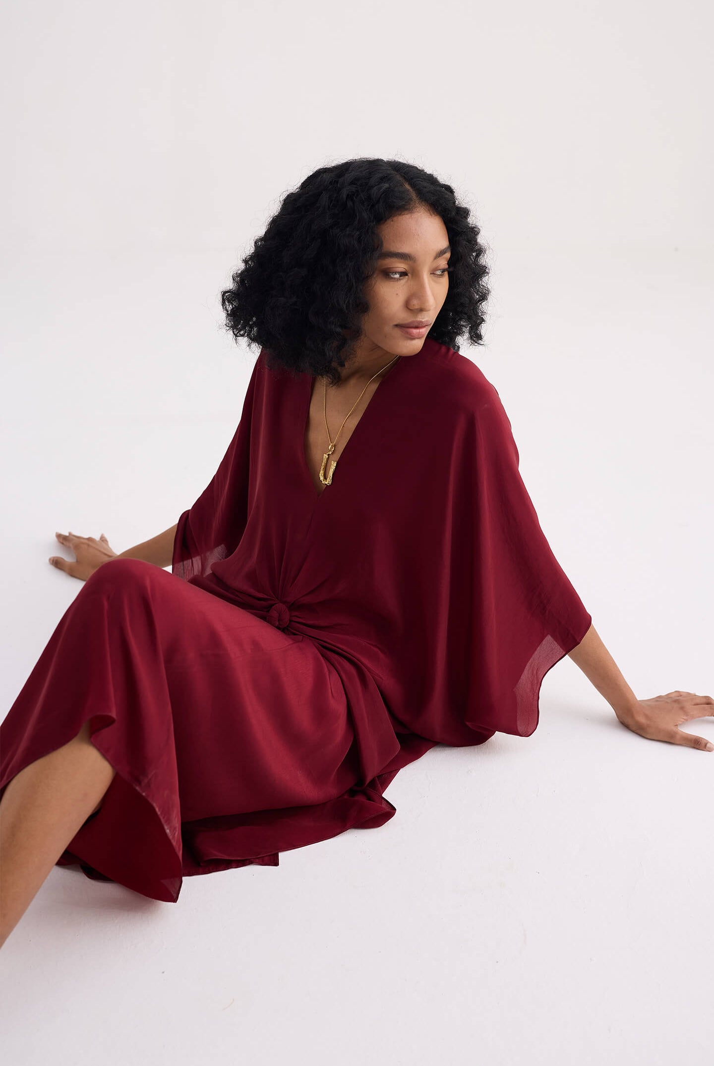 Front Twist Kaftan Dress in Burgundy Longshot
