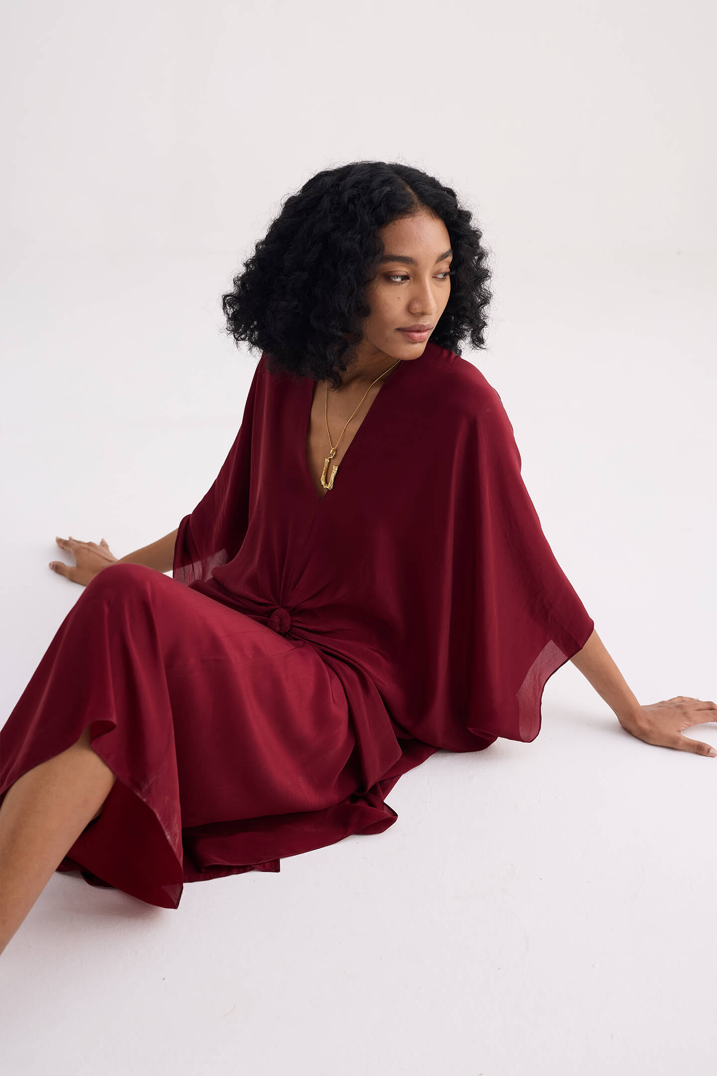 Front Twist Kaftan Dress in Burgundy Longshot