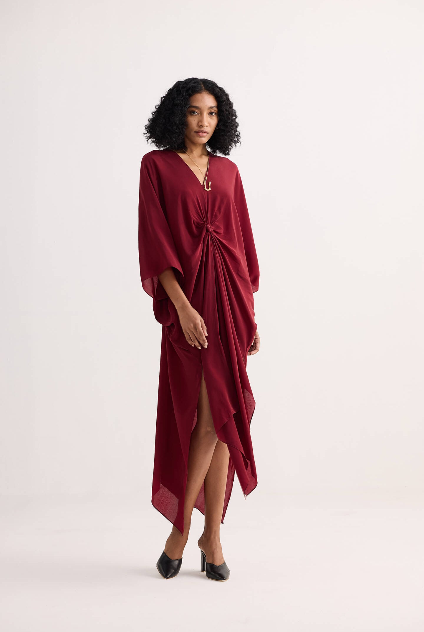 Front Twist Kaftan Dress in Burgundy Longshot