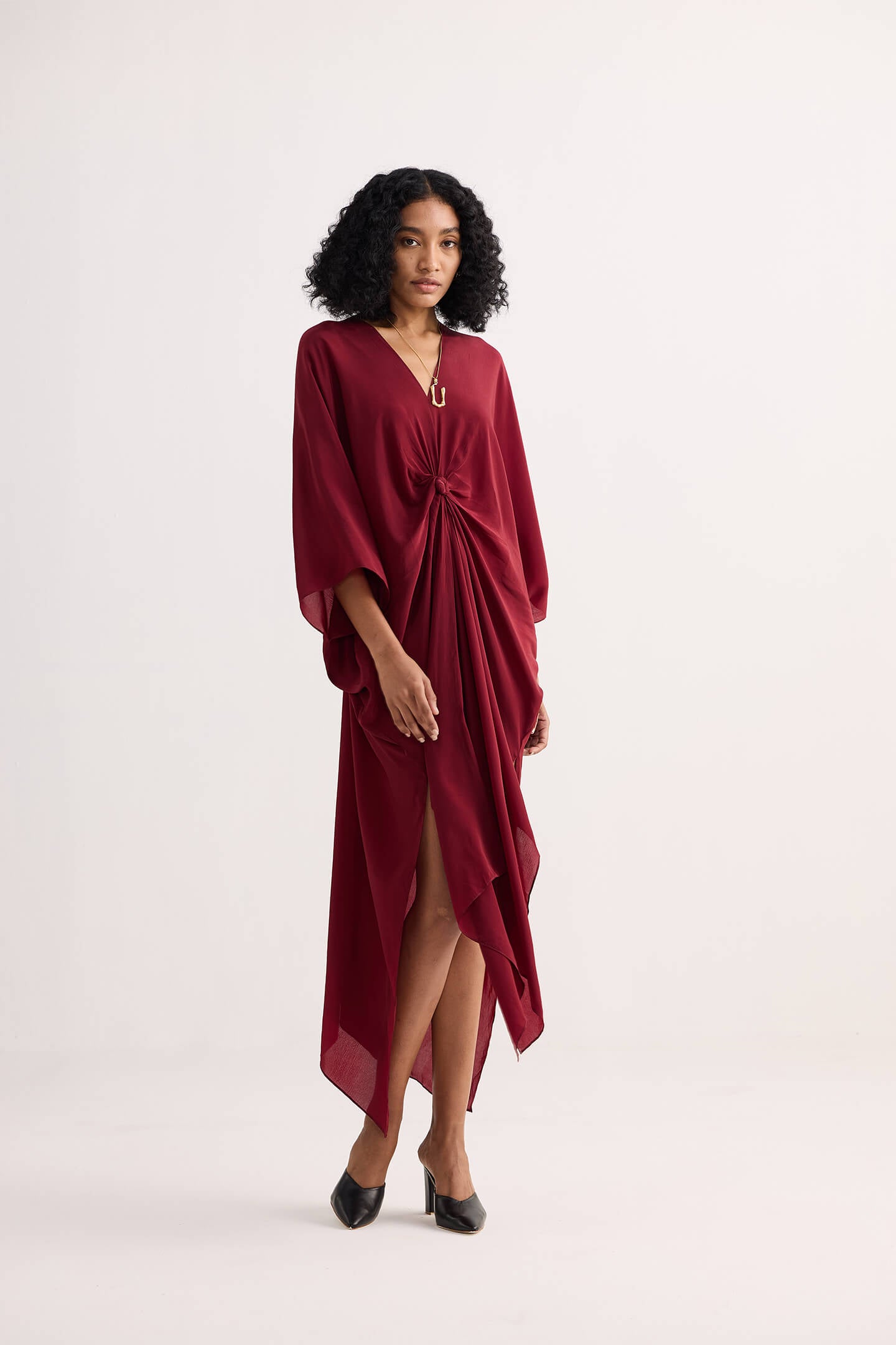 Front Twist Kaftan Dress in Burgundy Longshot