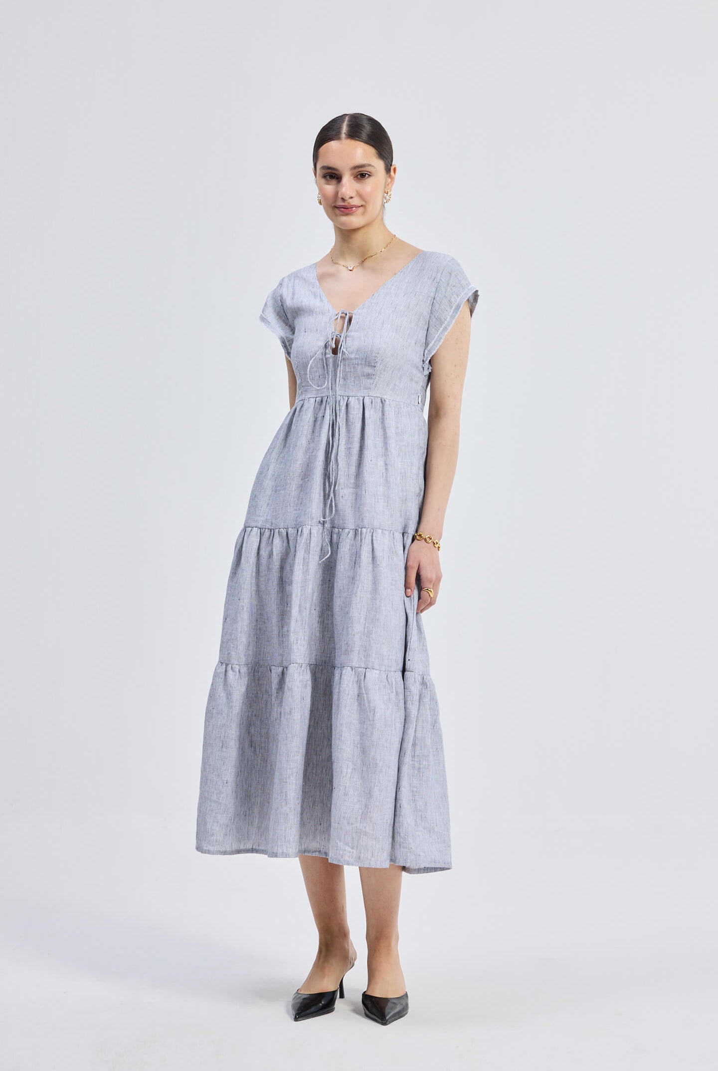 Maxi Tired Dress with Front-ties in Linen Stripes Longshot