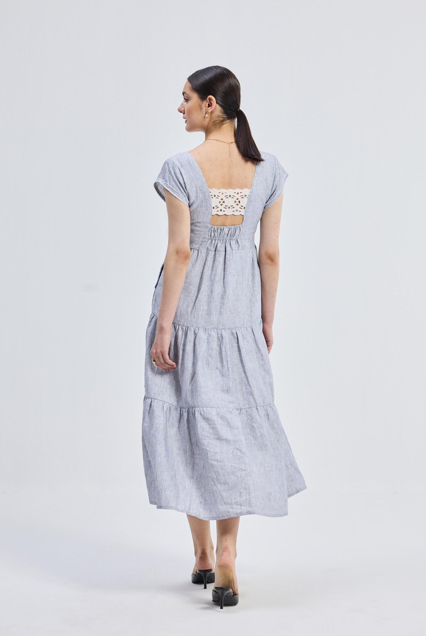 Maxi Tired Dress with Front-ties in Linen Stripes Longshot