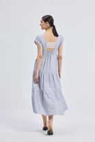 Maxi Tired Dress with Front-ties in Linen Stripes Longshot