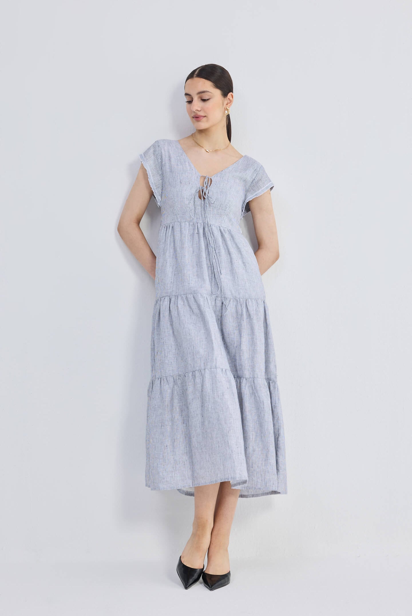 Maxi Tired Dress with Front-ties in Linen Stripes Longshot