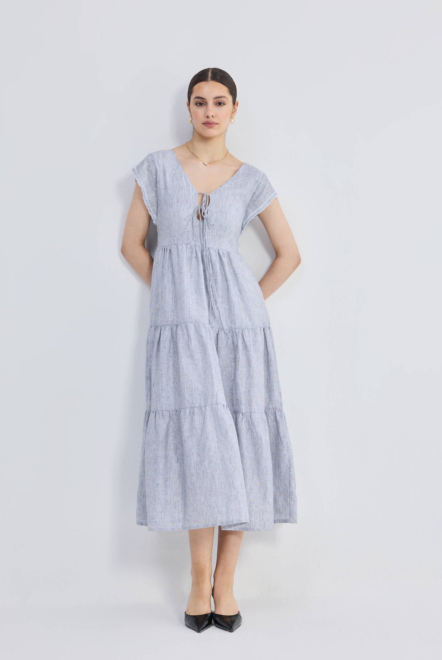 Maxi Tired Dress with Front-ties in Linen Stripes Longshot