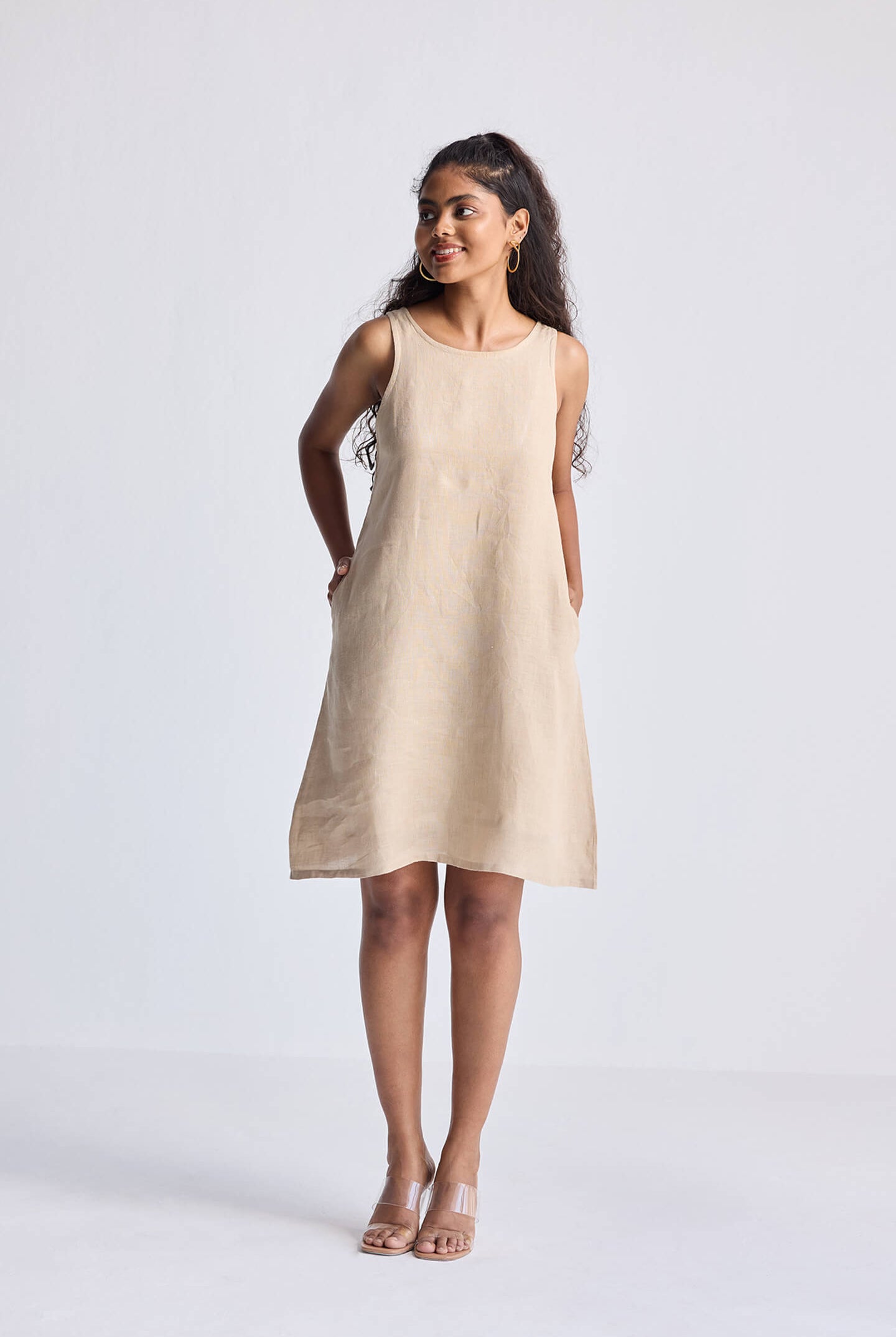 Hemp Short Dress with Back Embroidered Lace Detail Long Shot