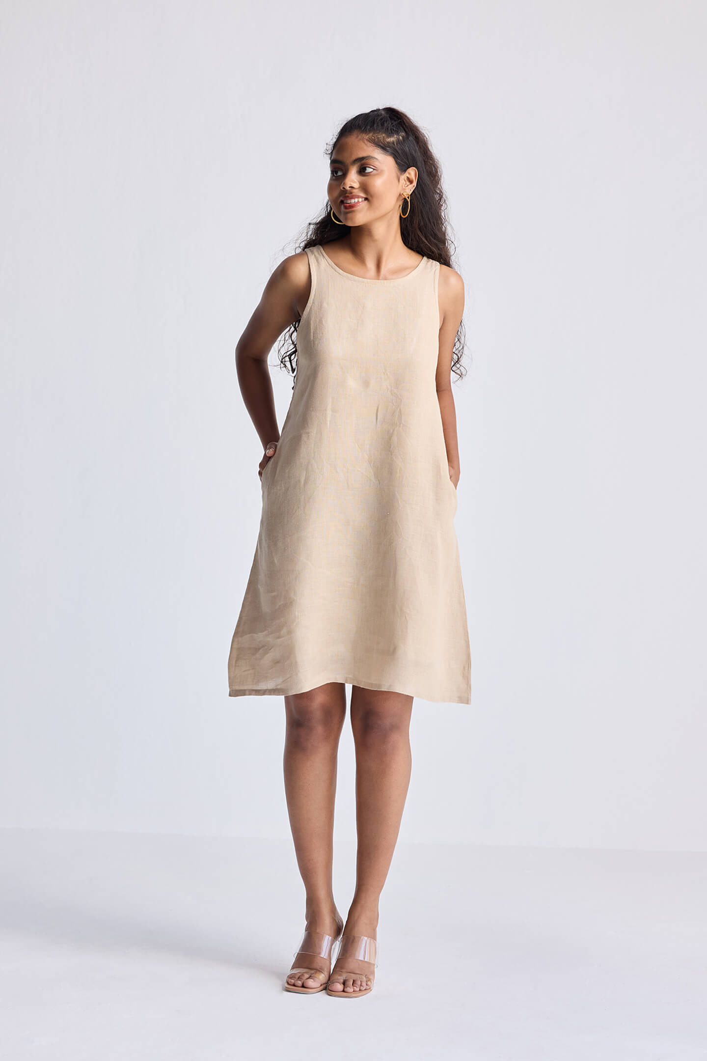 Hemp Short Dress with Back Embroidered Lace Detail Long Shot