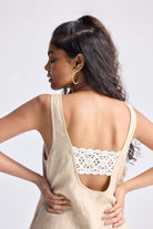 Hemp Short Dress with Back Embroidered Lace Detail Closeup Shot