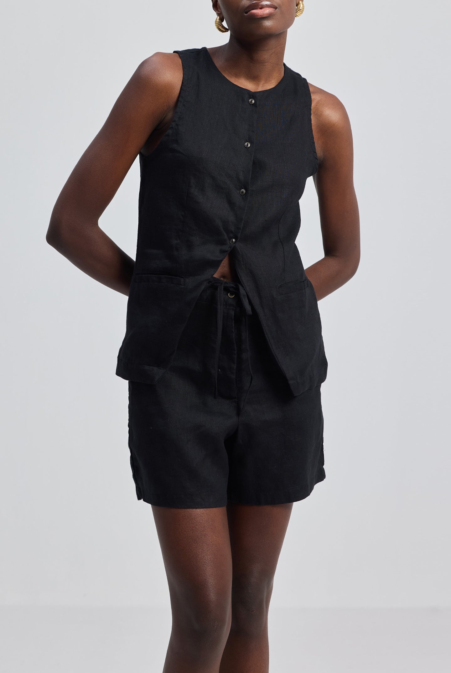 Hemp Vest Jacket Set in Black Closeup