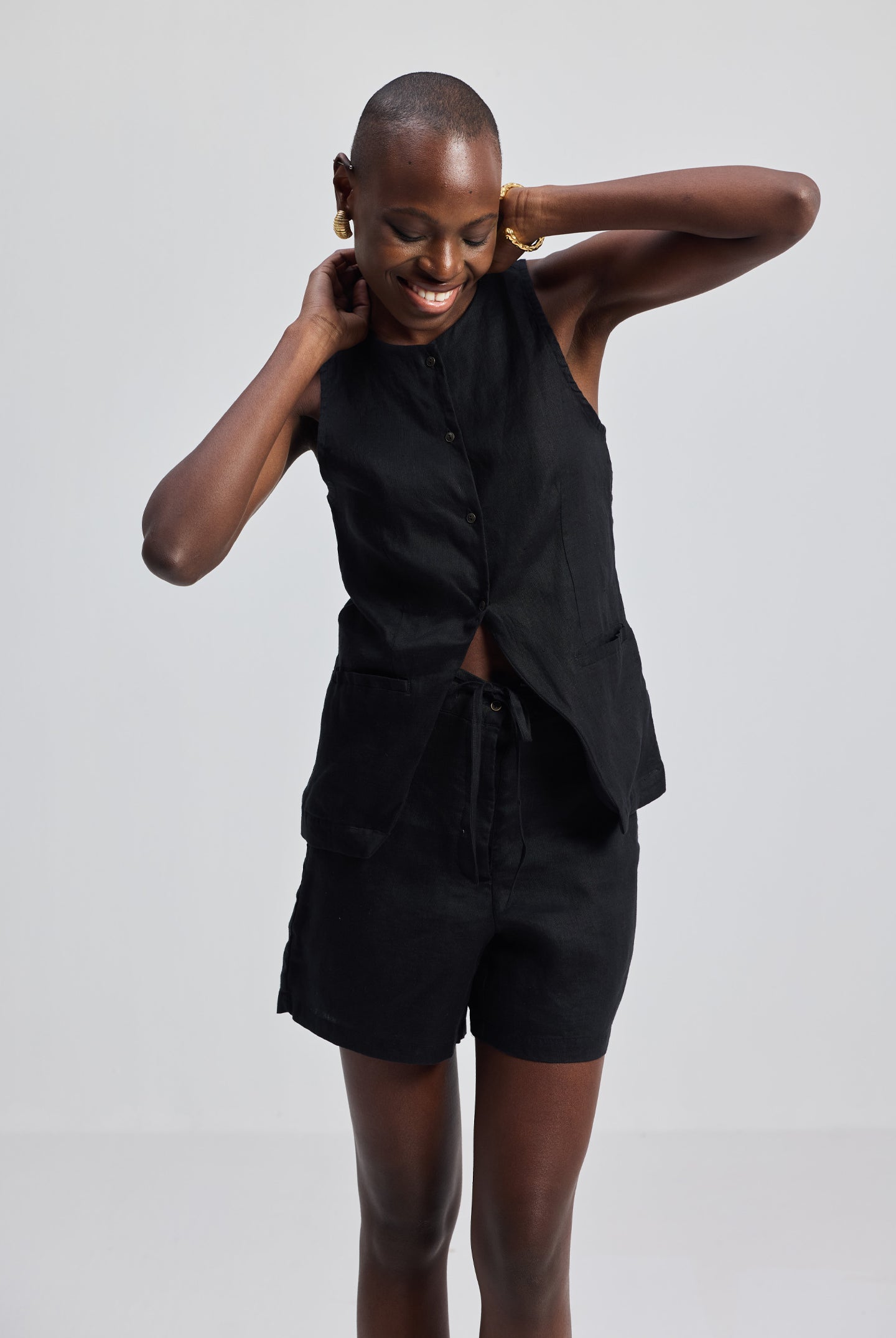 Hemp Vest Jacket Set in Black Longshot