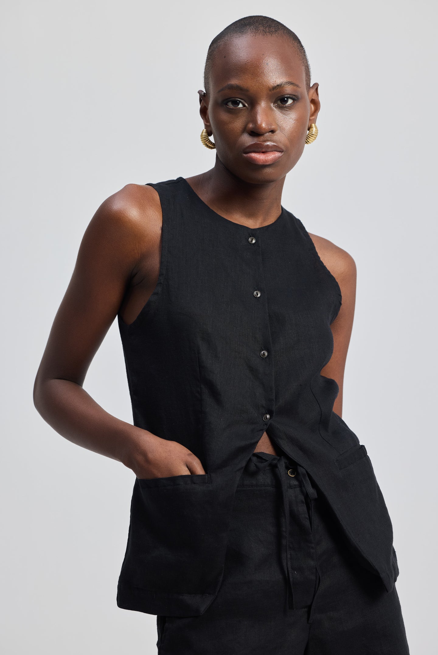 Hemp Vest Jacket Set in Black Longshot