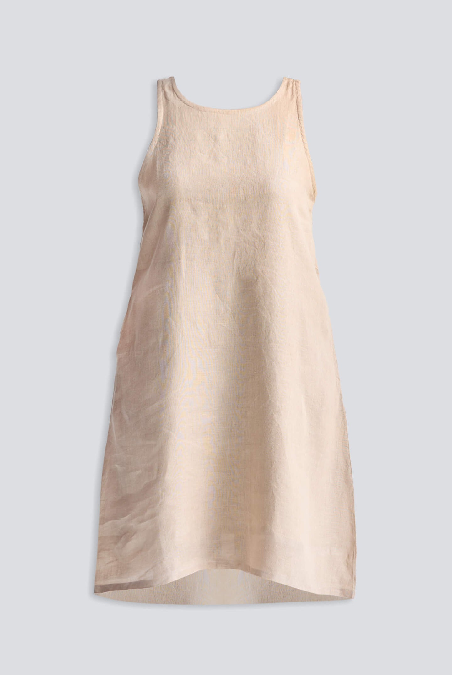 Reistor Hemp Short Dress with Back Embroidered Lace Detail, sleeveless relaxed-fit natural hemp dress shown flat front view