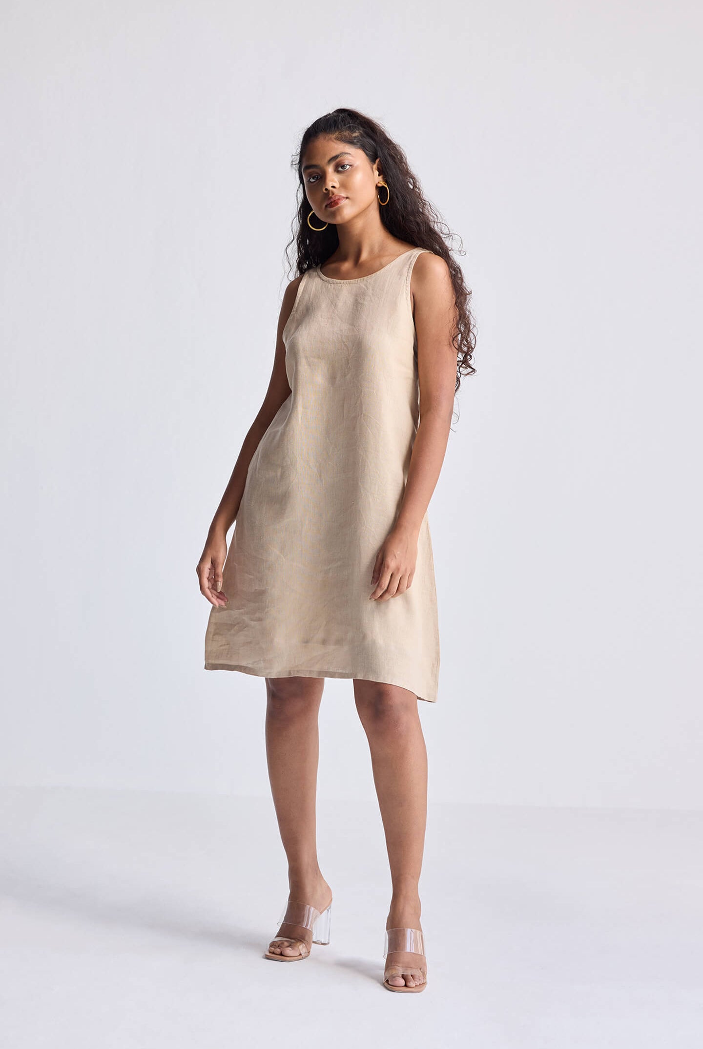 Reistor Hemp Short Dress with Back Embroidered Lace Detail in natural brown, sleeveless relaxed-fit hemp dress with intricate lace detailing at the back