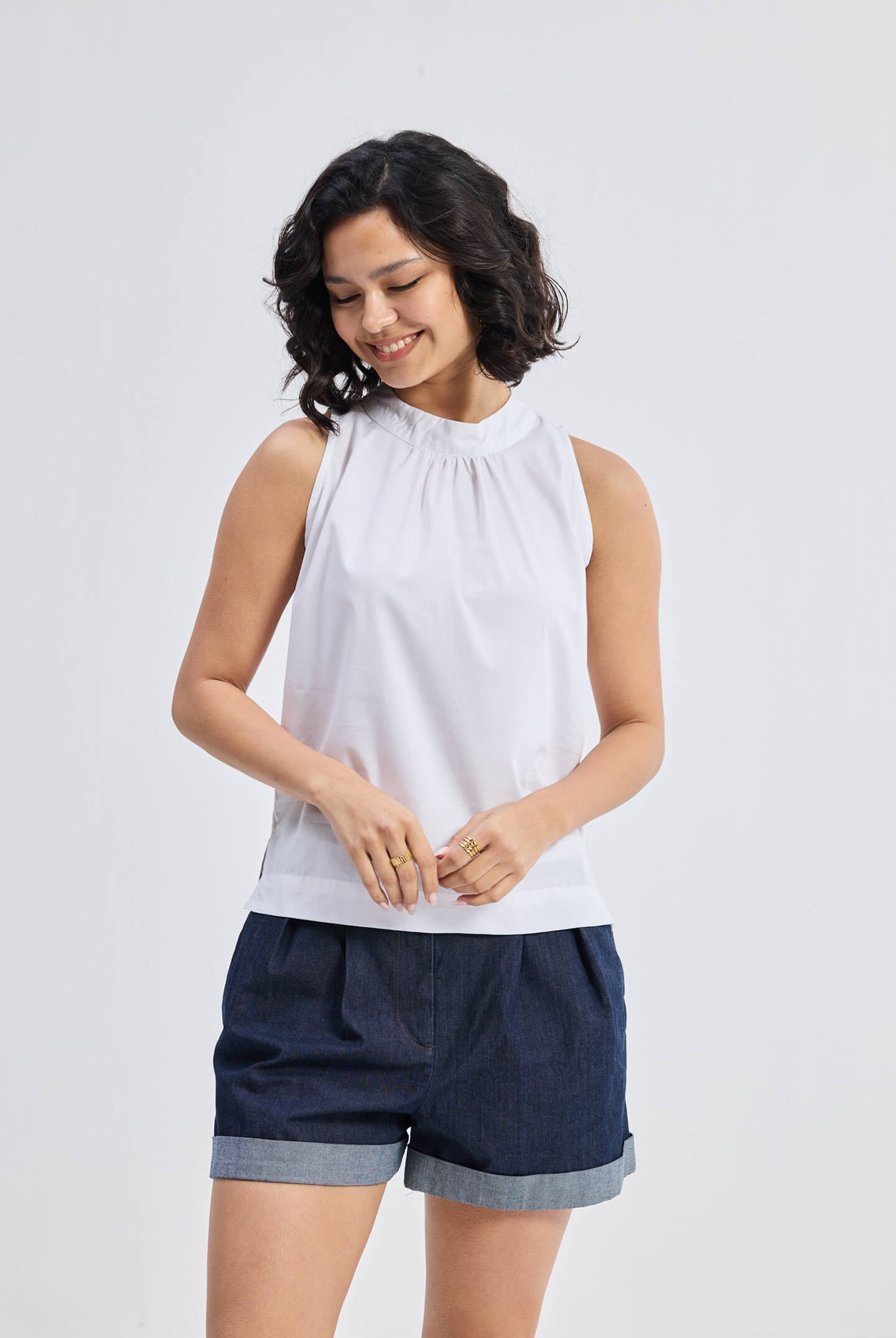High-Neck Top with Gathers in White Longshot