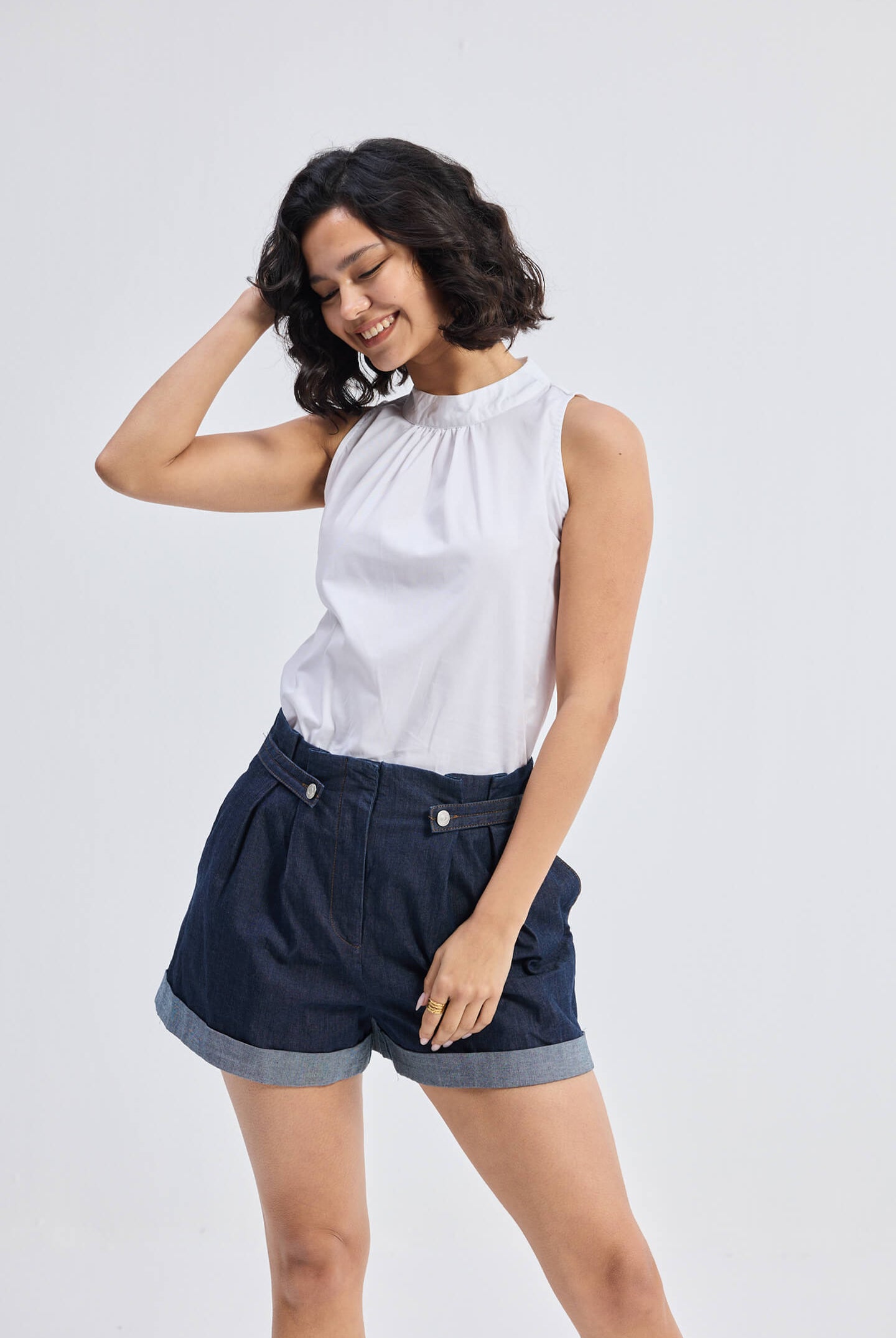 High-Neck Top with Gathers in White Longshot