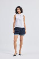 High-Neck Top with Gathers in White Longshot