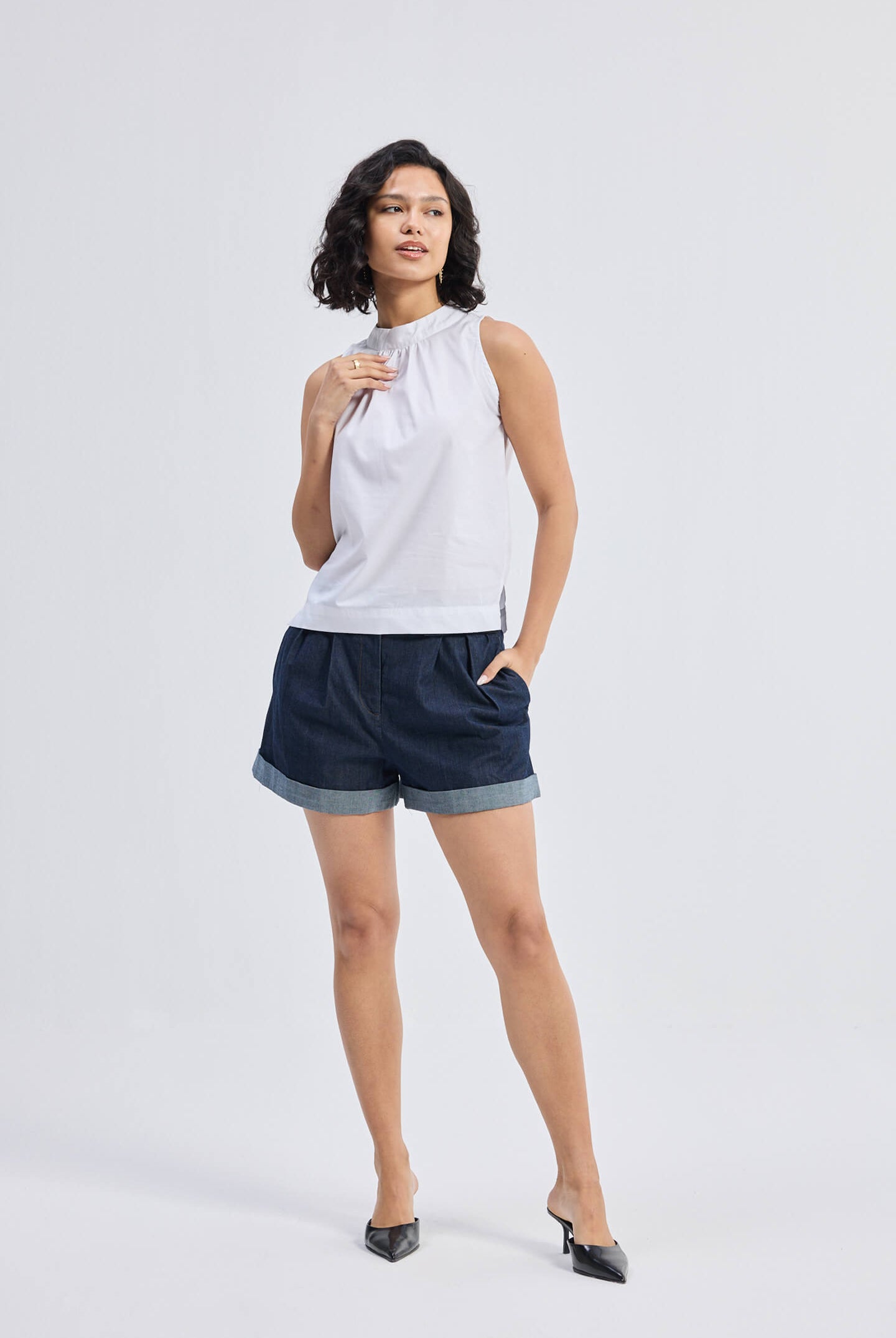 High-Neck Top with Gathers in White Longshot